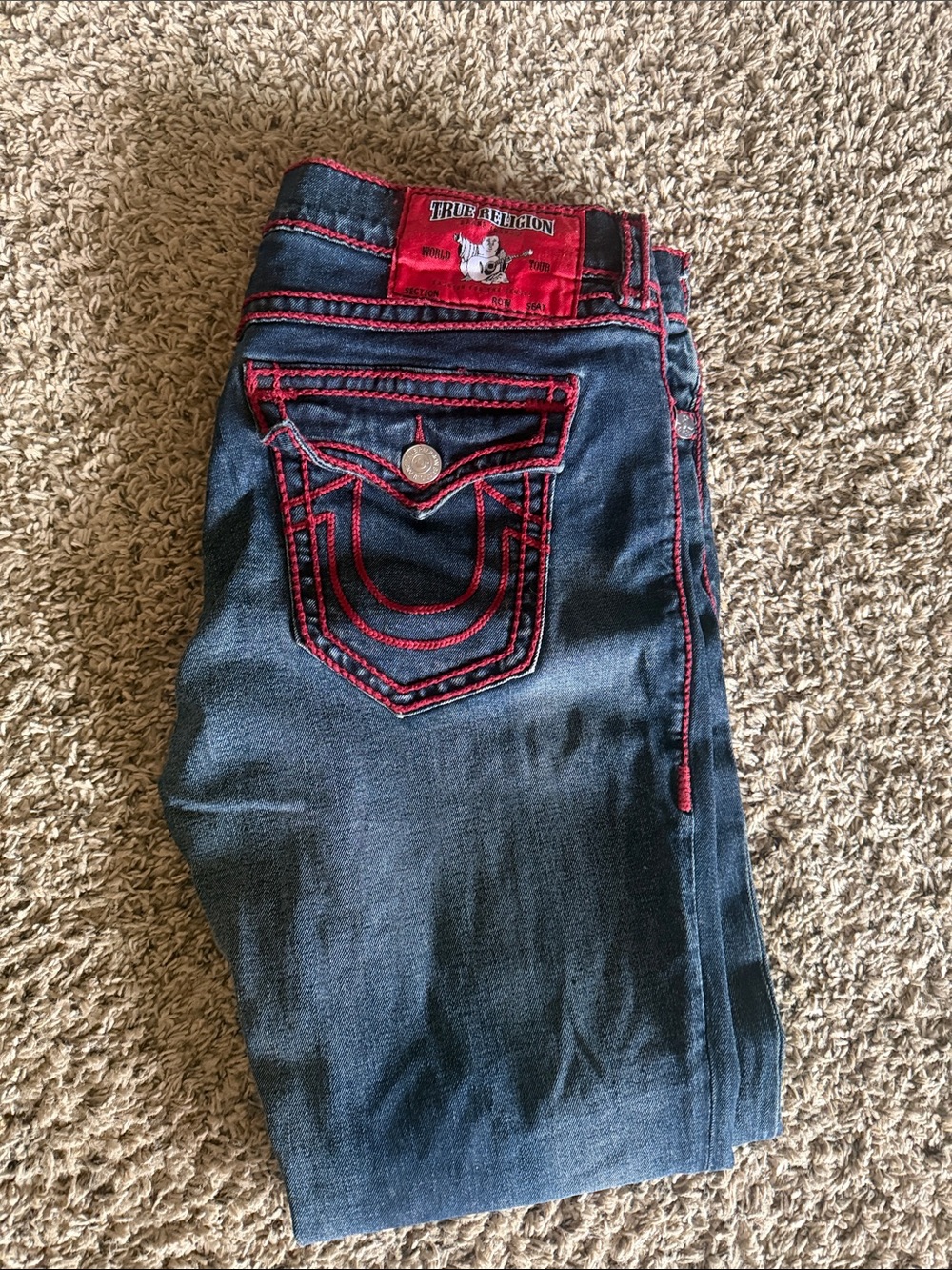 True Religion Men Jeans Relaxed - Dark Blue with Red Stitching